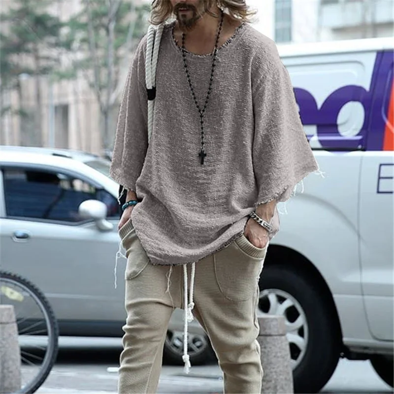 Linen shirt 22ssTrendy men's hollow out deep O-neck loose casual solid color Pullover breathable oversize male T-Shirt Top