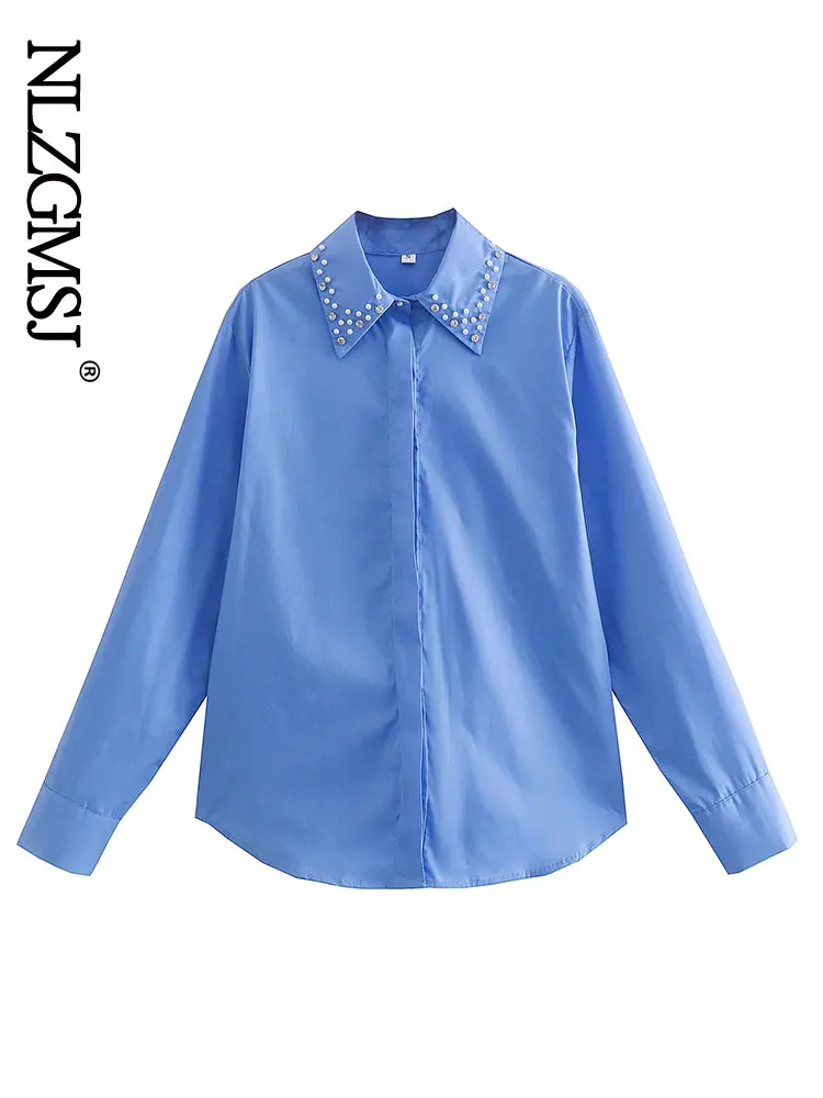 Nlzgmsj ZBZA 2022 Shirts Woman Spring Collared Button Up Shirt Women Faux Jewelled Long Sleeve Blouses Top Female Tops 202203