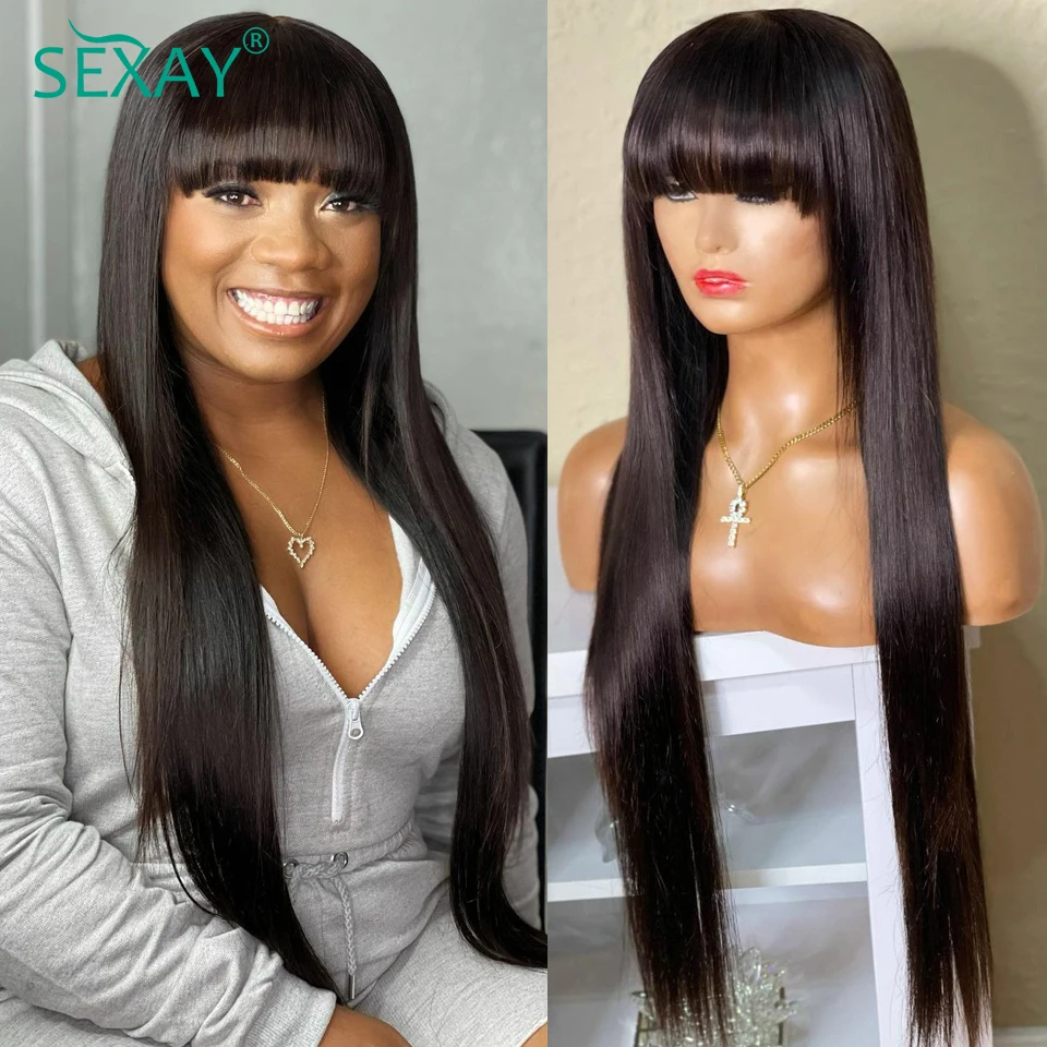 

Парики из человеческих волос Sexay с челкой для женщин, 8-30 дюймов, Необработанные индийские длинные прямые машинные парики, челки, Натуральные...