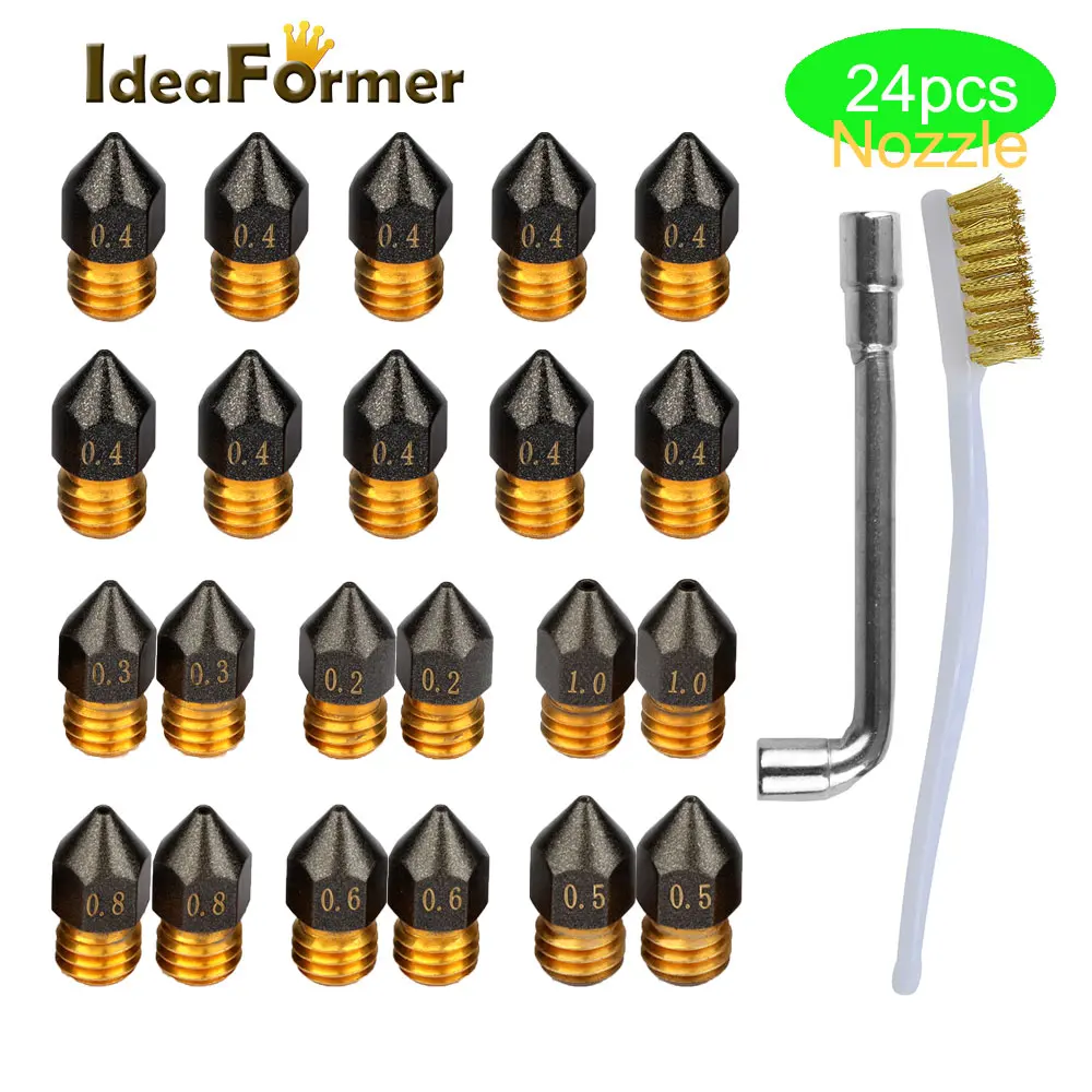 

3D Printer MK8 Brass PTFE Nozzle 1.75mm 0.2/0.3/0.5/0.6/0.8/1.0mm & Spanner& Cleaning Brush for Creality CR-10 10S Ender 3 5