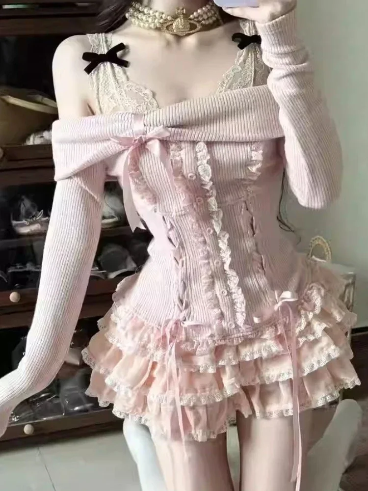 Фото Японский кавайный розовый комплект из 2 предметов, женский свитер с открытыми плечами + юбка-тортик, весна-осень, стиль Y2k, эстетический винтажный костюм феи №2