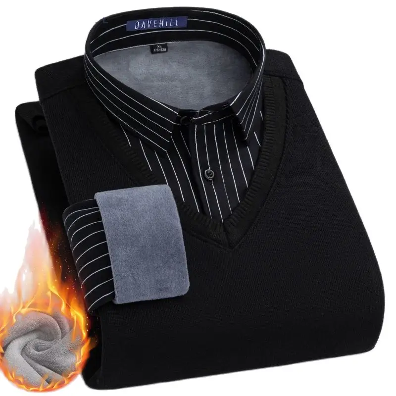 

Quality Knitted Warm Fake Two Pieces Men Shirt Winter Man Dress Shirt Business Party Men Clothing Thicken Plus Velvet Shirt