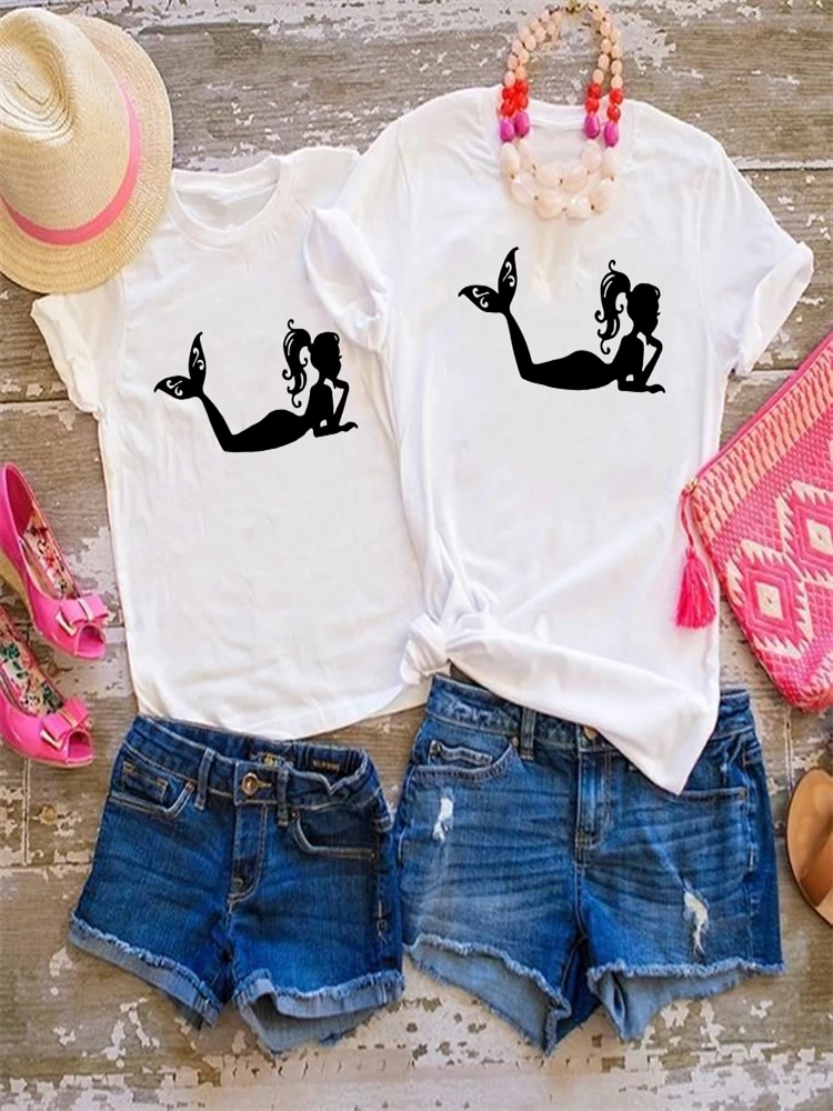 

Ariel Silhouettes Print Graphic Family Look Outfits Disney New Products White Crew Neck The Little Mermaid Parent Child T Shirts