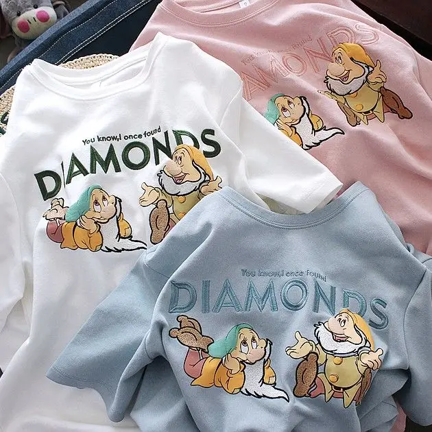 

Disney Fashion Kawaii Seven Dwarfs Embroidered Short Sleeve Summer 2022 New Harajuku Casual Cute Cartoon Women's T-Shirt Top