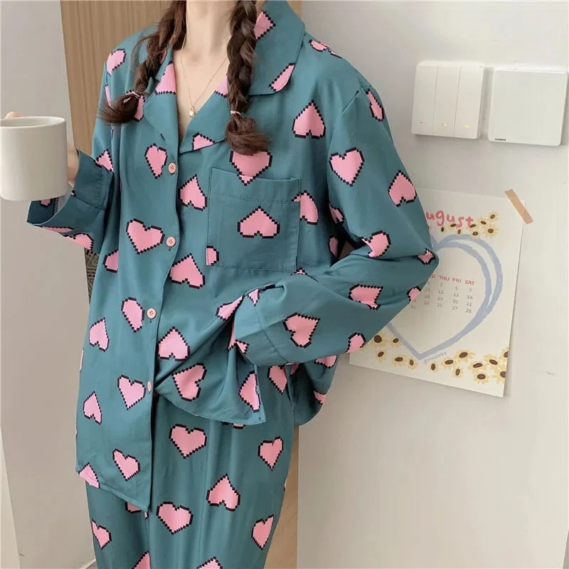Spring and Autumn New style Pajamas for Girls Cute Pink Love Double long cardigan Small lapel Casual Sweet Pajamas for Girls