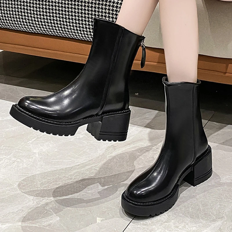 

Black Chunky Platform Ankle Boots Women 2022 Autumn Pu Leather High Heels Short Boots Woman Back Zipper Thick Heeled Shoes
