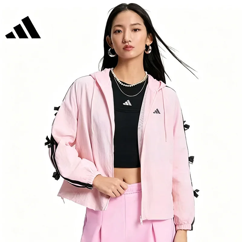 Фото Женская куртка Adidas свободного кроя с капюшоном, спортивная куртка с сетчатыми вставками и тремя полосками KR7602/KR7603 №2