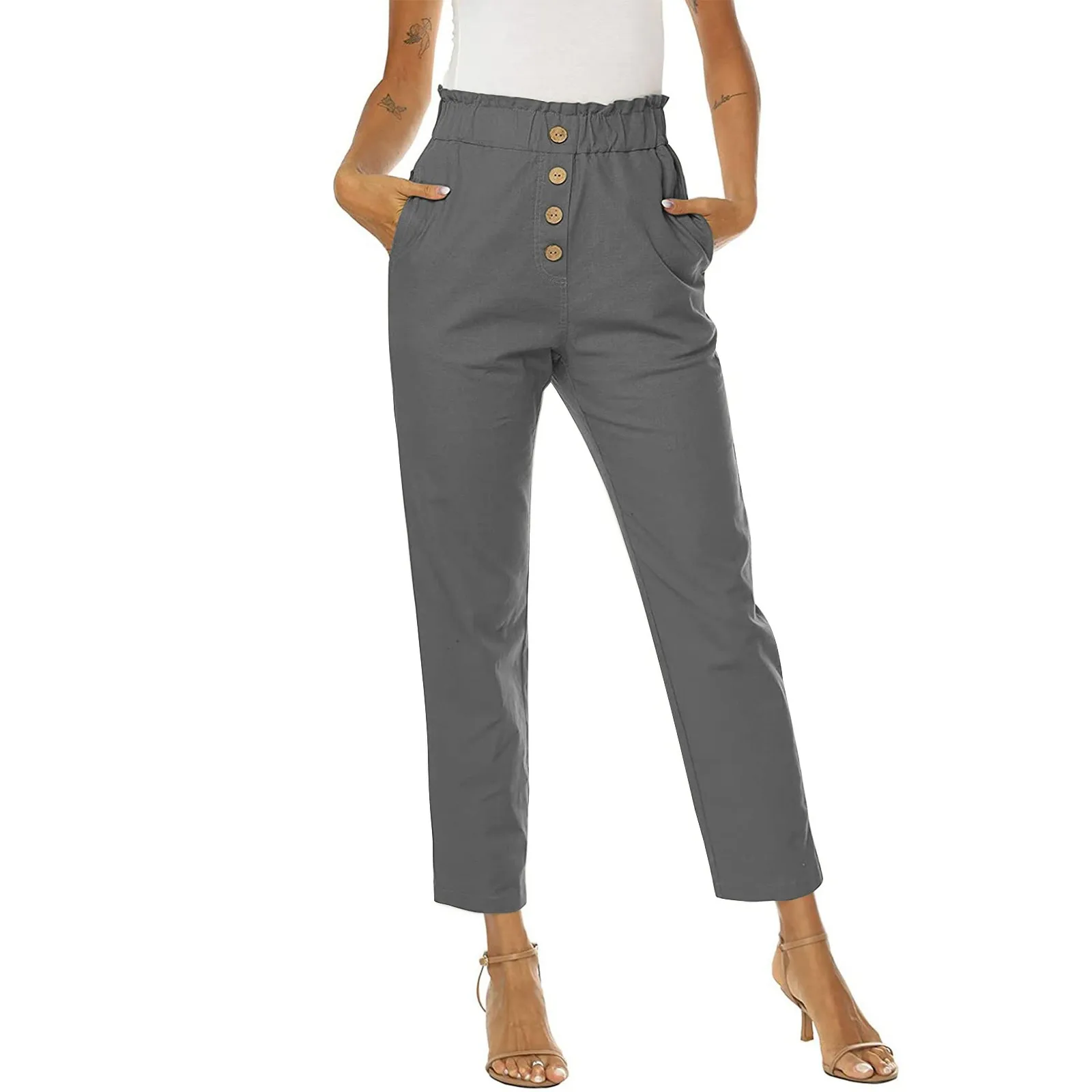 

Summer Pants For Women Casual Solid Button Regulai Fit Pencil Pants Comfortable Soft Cropped Trousers With Pockets Streetwear