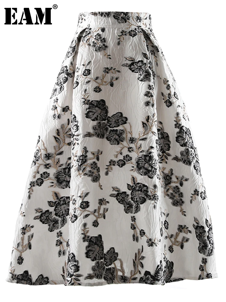 

[EAM] High Waist White Jacquard Elegant Party Long A-line Half-body Skirt Women Fashion Tide New Spring Autumn 2022 1DE4681