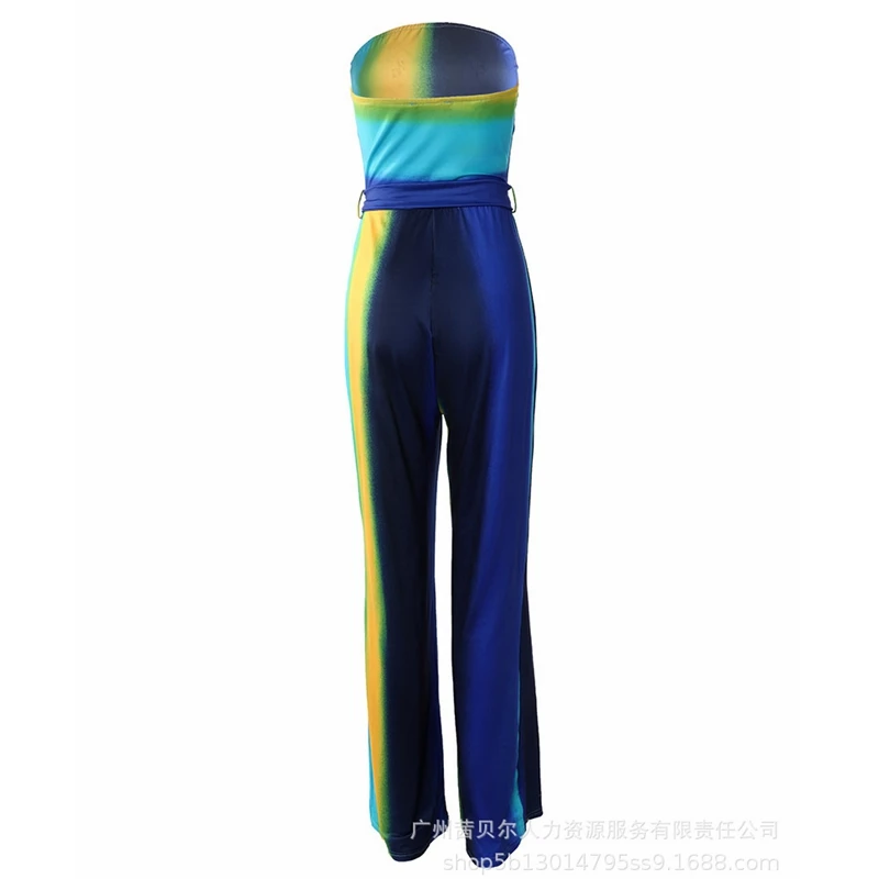 Women Jumpsuits Sexy Tie-Dye Print Gradient Color Slim High Waist Lace Up Jumpsuits Women Backless Strapless Wide Leg Jumpsuits