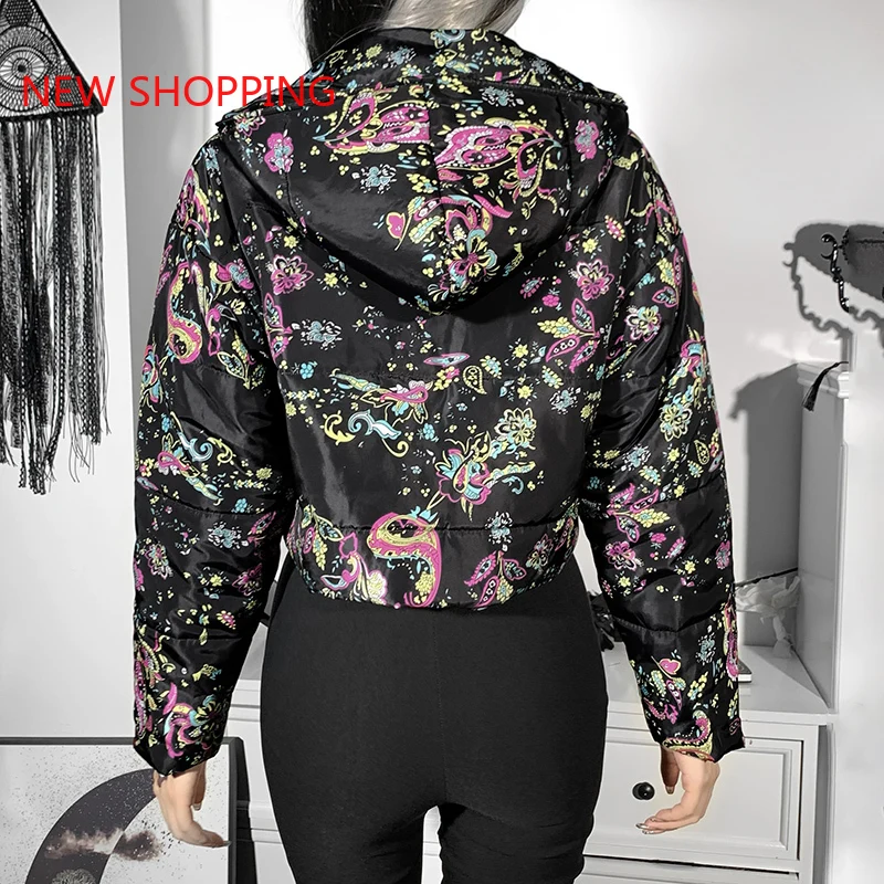 Gothic Y2K Vintage Floral Print Coat Harajuku Grunge Punk Long Sleeve Zipper Cropped Tops Women Autumn Winter Parkas Streetwear