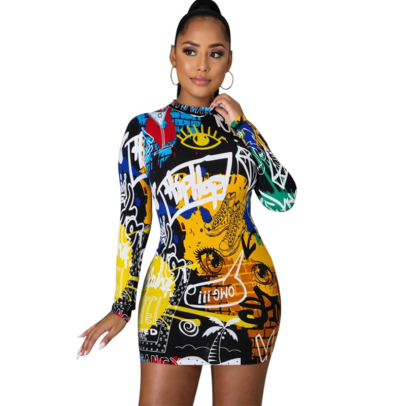 

Короткое мини-платье для женщин с круглым вырезом, длинным рукавом, длиной выше колена, летняя одежда, новое уличное платье-футляр с принтом ...