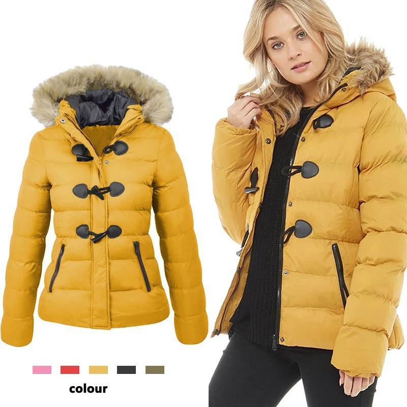 

Helisopus Women's Winter Warm Coat Fur Collar Hooded Long Coat Slim Thickened Fashion Horn Buckle Short Coat Solid Color Leisure