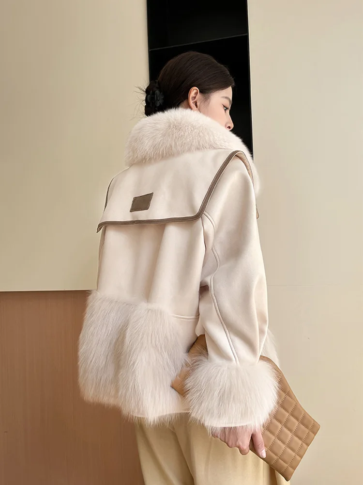 New Women Real Fur Coat Autumn Winter Fashion Casual Thick Warm Fox Fur Collar Double-faced Fur Suede Jacket Loose Outerwear