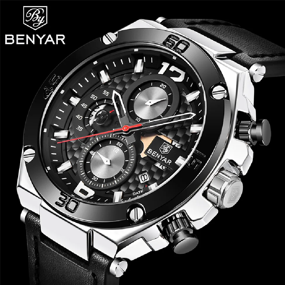 

Часы-хронограф BENYAR Мужские кварцевые, роскошные брендовые водонепроницаемые наручные в стиле милитари, с кожаным ремешком