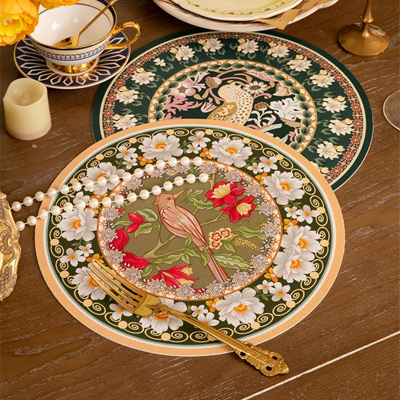 

Round Placemat 2Pcs Chinese Painted PVC Waterproof Oil-proof Desktop Protective Mat Coaster Silicone Exquisite Pastoral Bowl Mat
