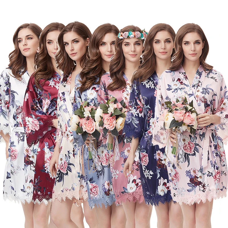 

Floral Bathrobe Silk Satin Kimono Robe Wedding Bride Bridesmaid Robe Short Night Robe Bath Robe Fashion Dressing Gown For Women