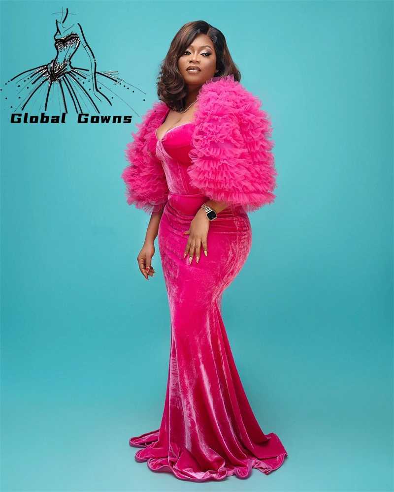 

Pink Velvet Aso Ebi African Sweetheart Evening Dress For Black Girls Ruffles Celebrity Party Gowns Mermaid Robe De Soiree