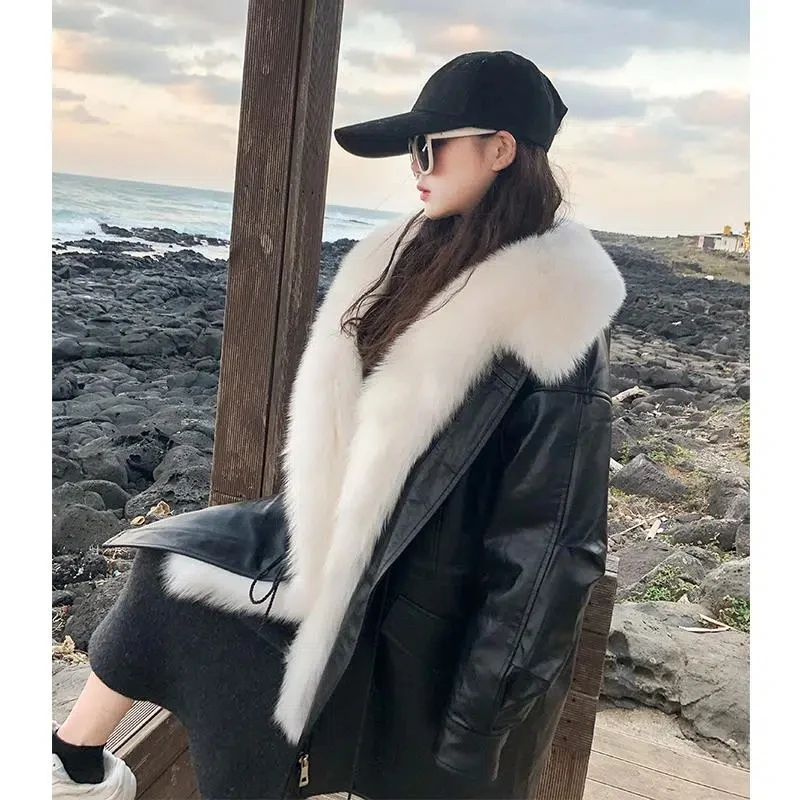 2022 New Black Parker Jacket PU Leather Women Winter Mid-length Faux Leather Coat Fashion Vintage Outerwear Fur Collar Removable