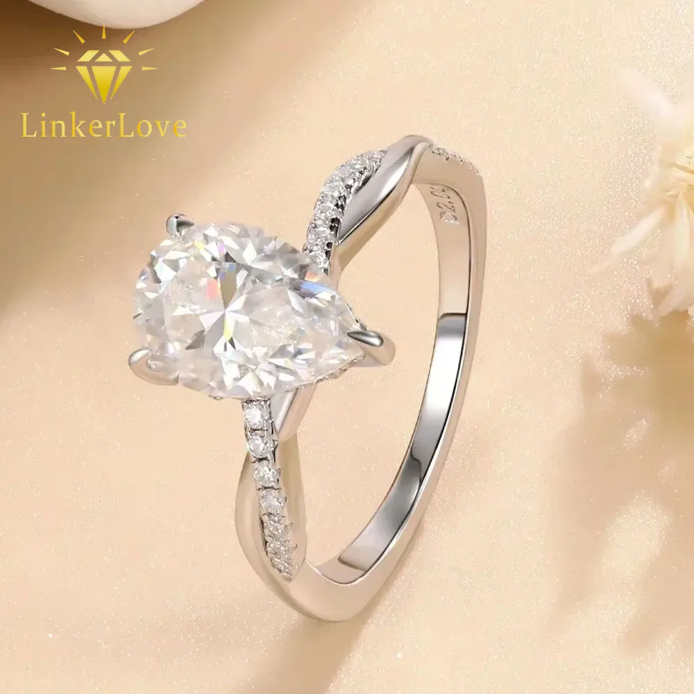 Фото Кольцо LinkerLove с муассанитом 2 карата в форме капли, обручальное, из серебра 925 пробы, с витым дизайном Мёбиуса, с бриллиантом, для женщин, свадебное украшение №1