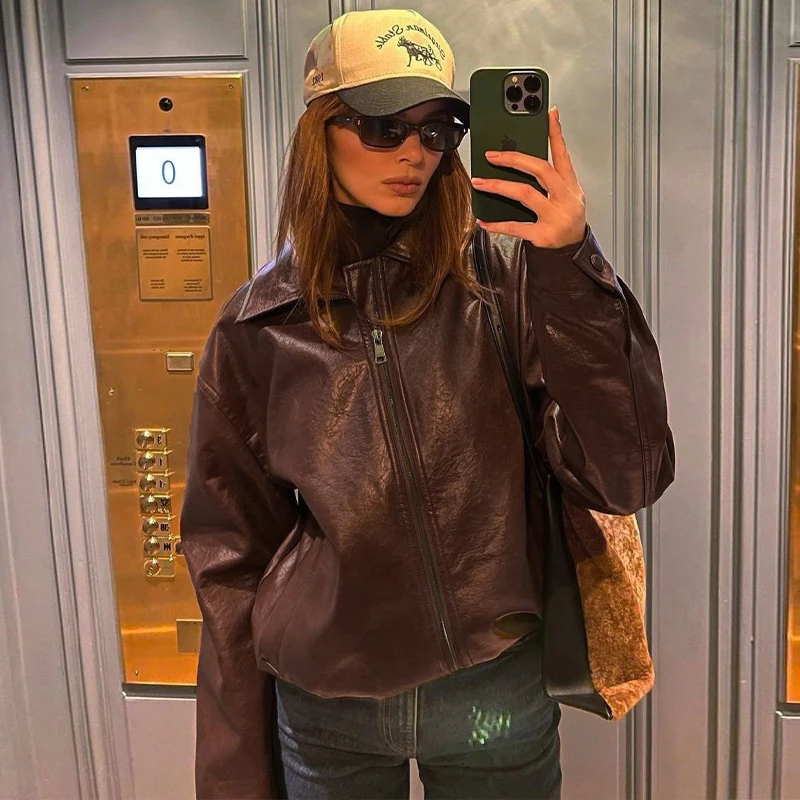 

Lygens однотонные жаккардовые пальто из искусственной кожи с отложным воротником на молнии с карманами и длинным рукавом Повседневная зимняя одежда оптом