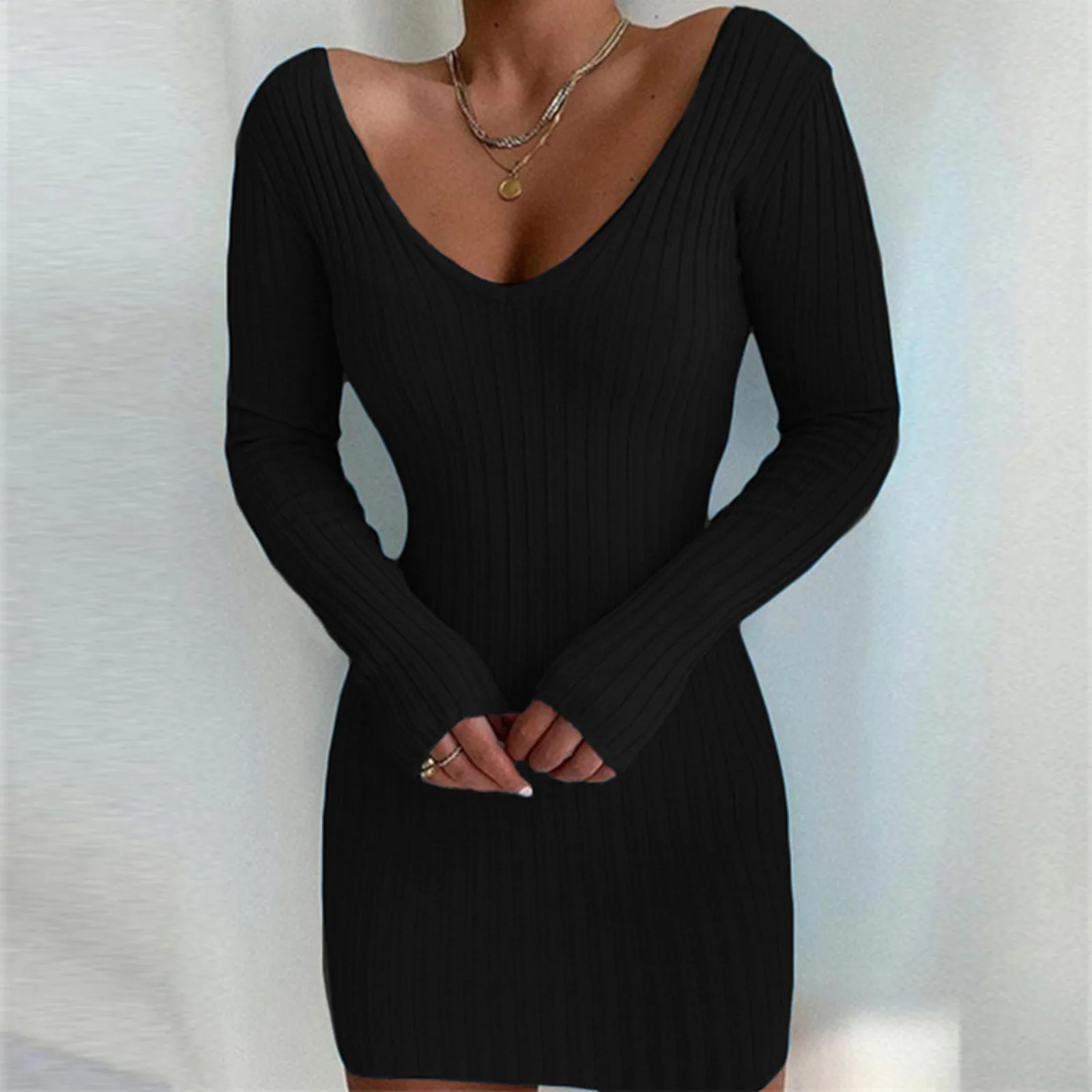 

Sexy V-Neck Long Sleeve Rib Knitted Bodycon Dress Summer Autumn Women Solid Slim Sheath Party Mini Vestidos Females Dress