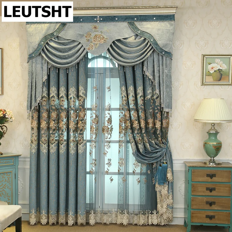 

Classic Chinese Curtains for Living Dining Room Bedroom Floral Chenille Base Fabric Hollow Embroidered Curtains Valance Curtains