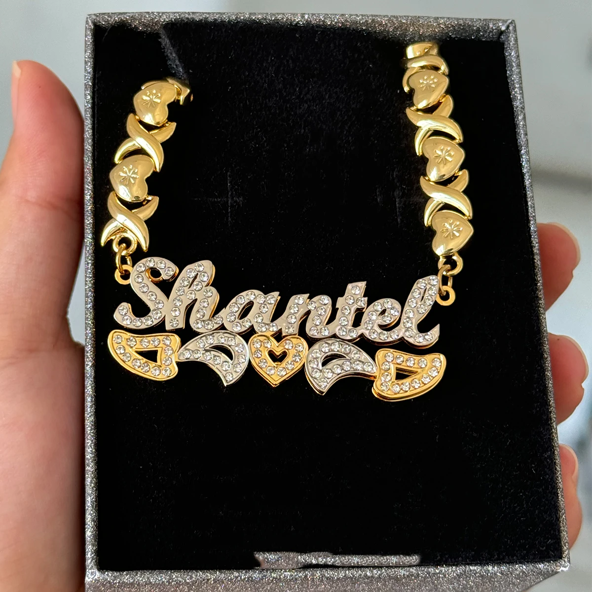 Ожерелье с именем на заказ цепочка XOXO кулон из нержавеющей стали 3D двухцветное