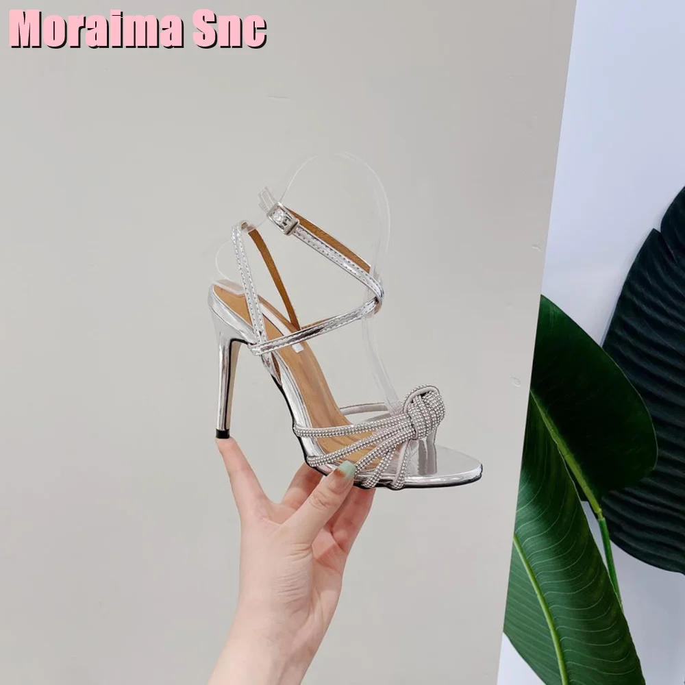Crystal Knot Open Toe Bling Sandals Narrow Band Stiletto High Heel Ankle Buckle Strap Silver Solid Sexy Women Wedding Shoes 2023