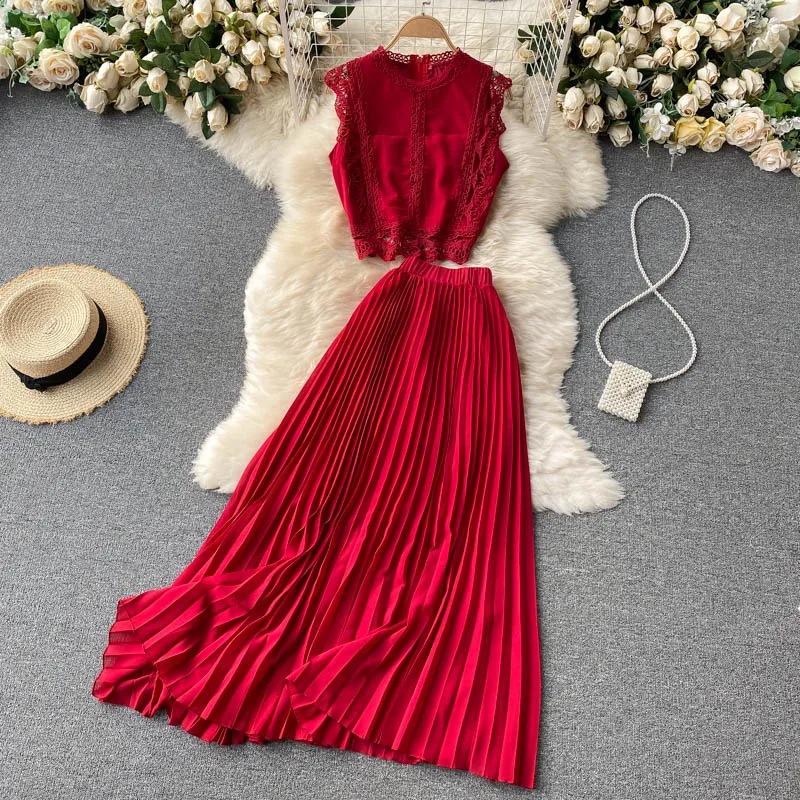 

Seaside holiday suit new women's lace top high waist thin crimped chiffon skirt two-piece set