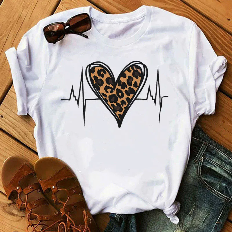 

Leopard Love Heartbeat Print T Shirt Women Summer Short Sleeve Fashion Tshirt White Tee Shirt Harajuku Women Tee Tops Female Tee