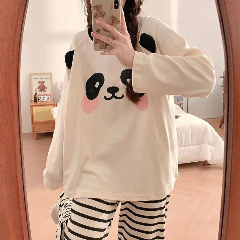 

Yasuk Spring Autumn Winter Women Casual Sleepwear Homewear Letter Print Panada Sweet Pajamas With Striped Pants Soft Long Sleeve