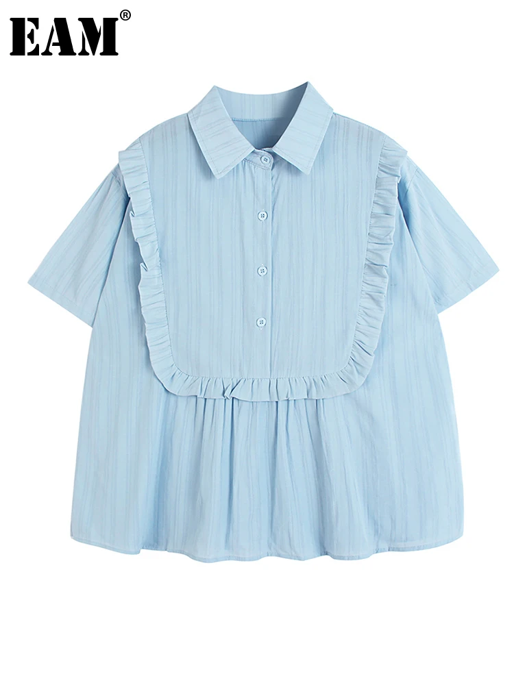 

[EAM] Women Blue Ruffles Big Size Casual Blouse New Lapel Short Sleeve Loose Fit Shirt Fashion Tide Spring Summer 2022 1DE8099