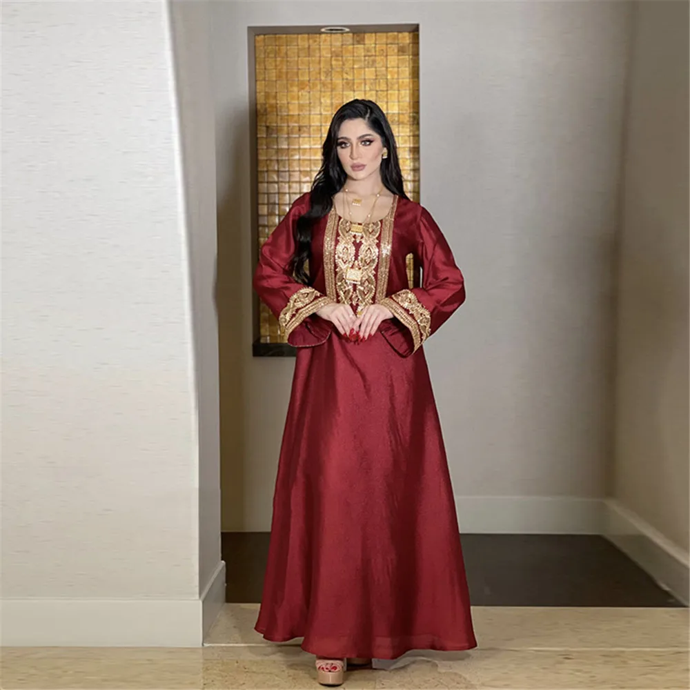 

Women Muslin Dress Long Sleeve Embroidery Floral Patchwork Round Neck Pullover Mid-east Style Spring Fall Dress For Ladies