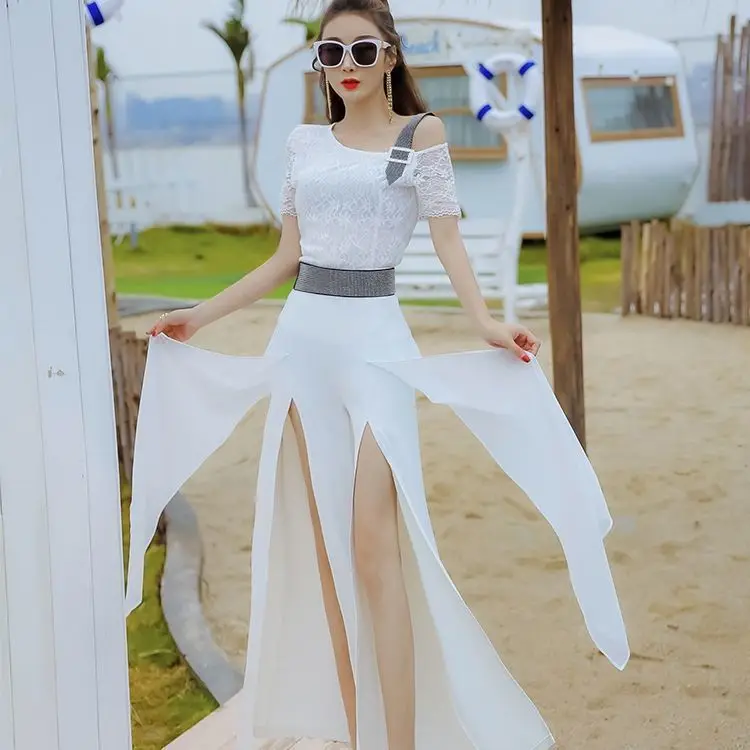 

2022 Women Summer New Chiffon Suits Female Sexy Short Sleeve Lace Slim Blouse + Loose Wide-leg Pants Ladies Two-piece Sets I41