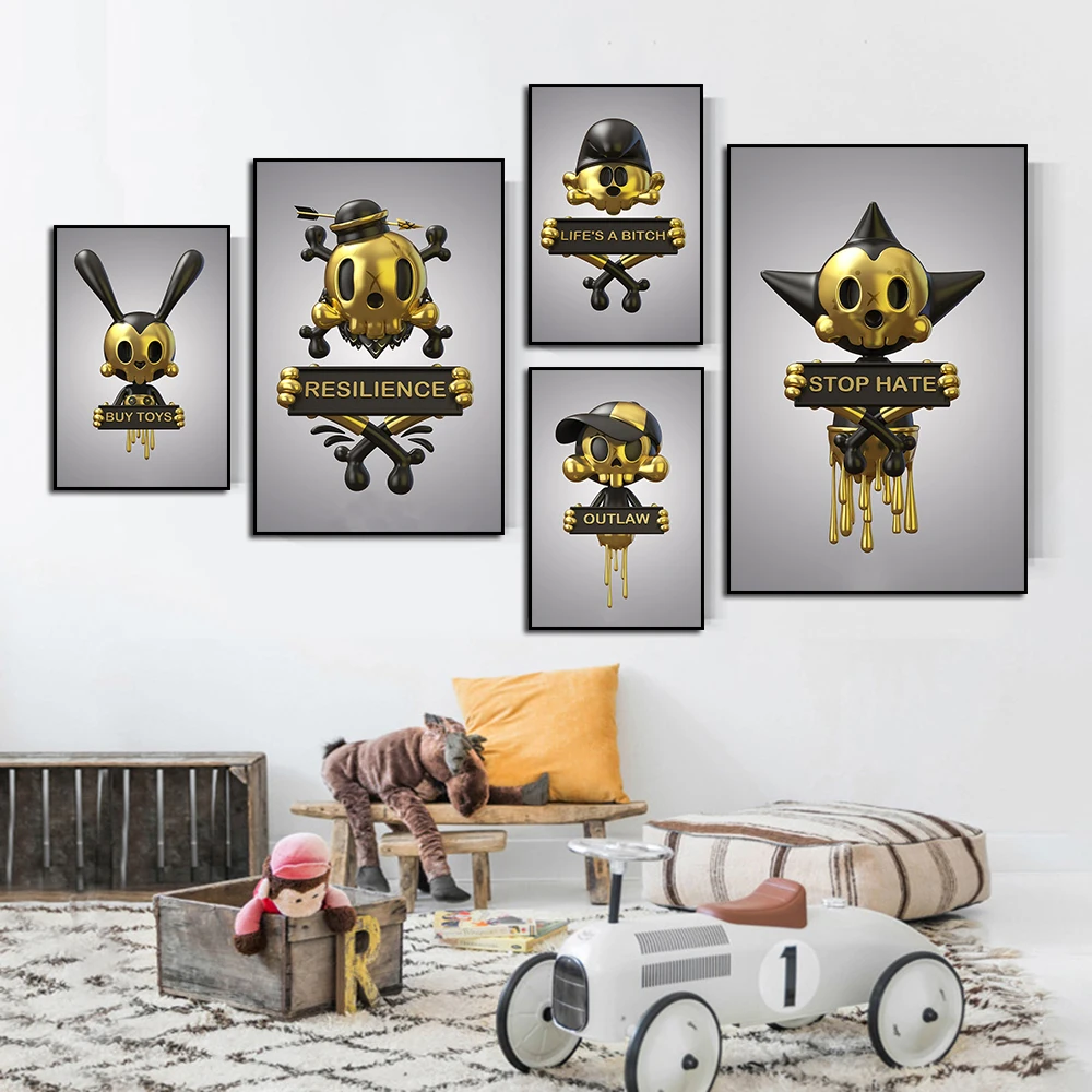 

Metal Animal Golden Statue Art Canvas Painting Modern Cartoon Anime Sculpture Poster Nordic Wall Art Living Room Home Decoration