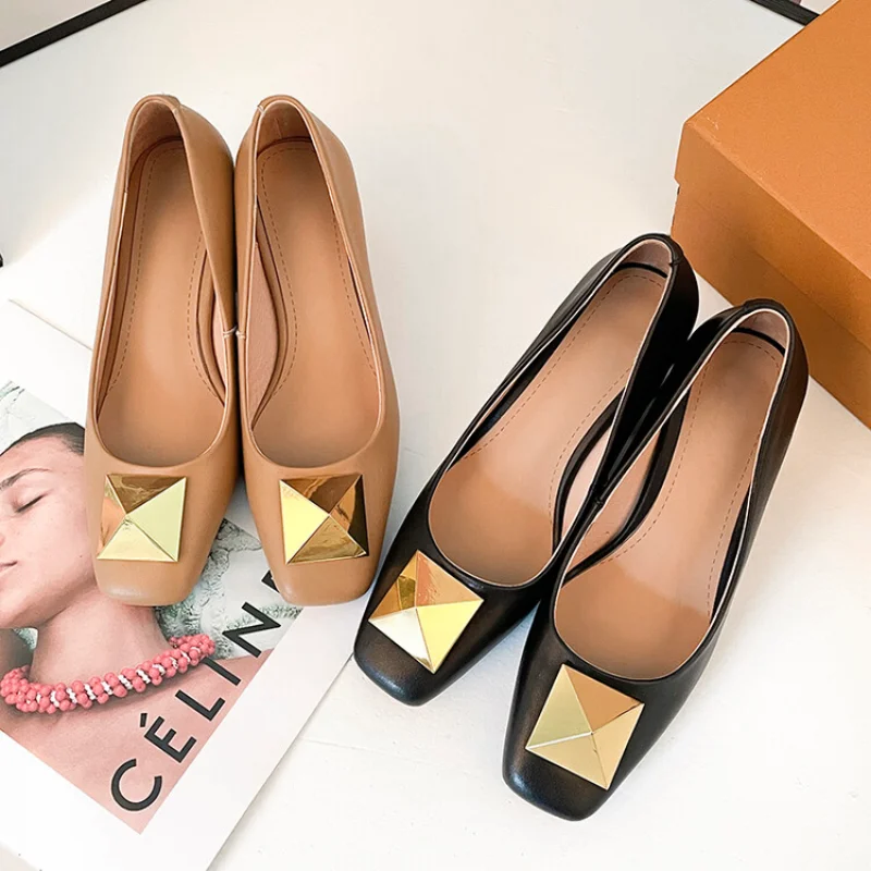 2023 New First Layer Cowhide Single Shoes Thick Heel Shallow Mouth Commuter Wear 31-46 Size Women's Shoes 22-18