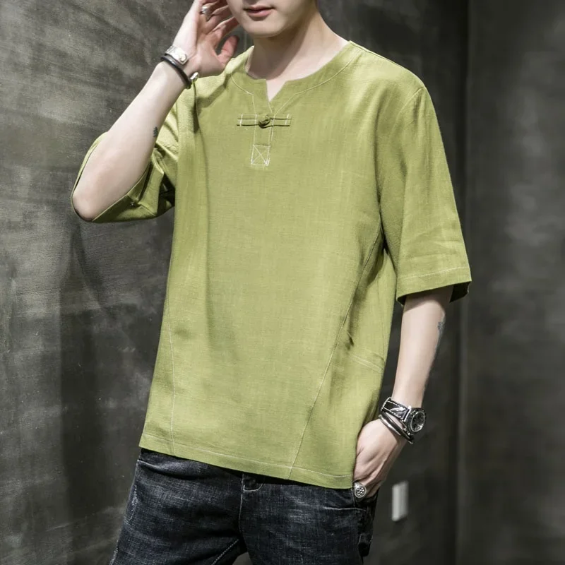 Новинка 2020 мужские топы в китайском стиле льняной костюм Тан с рукавом до локтя