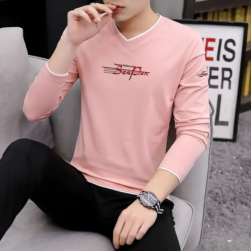 

V-neck Cotton Long-sleeved T-shirt Men's Autumn Outerwear Sports Top High-end Casual Thin T-shirt Slim Bottoming Shirt