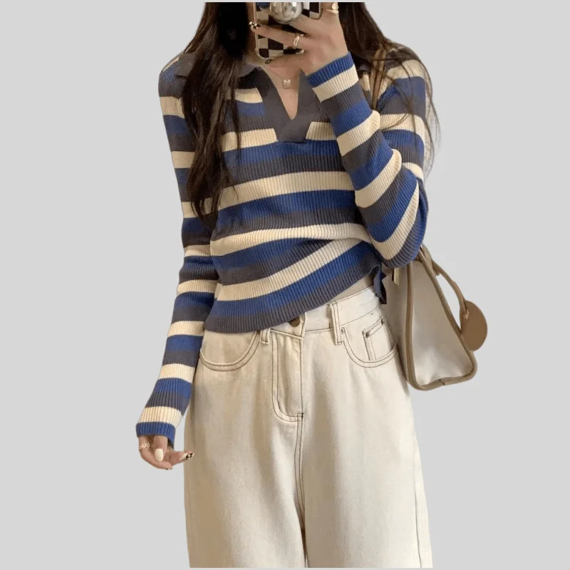 

Colorful Polo collar long-sleeved T-shirt women's autumn and winter knitted bottoming shirt loose and slim fit inner top