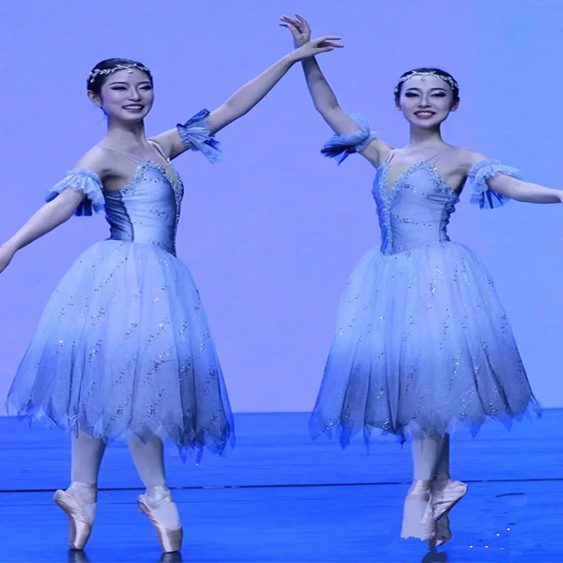 Голубое балетное платье длинное фатиновое для взрослых Женский балетный костюм