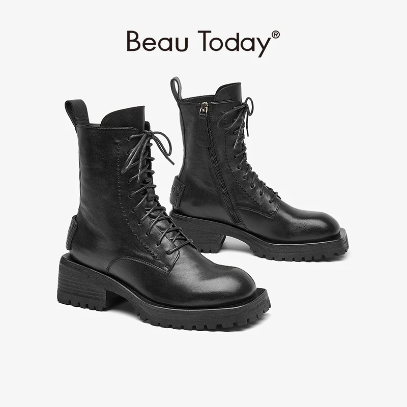 

BeauToday Ankle Boots Women Genuine Horse Leather Waxing Round Toe Lace Up Side Zipper Platform Ladies Booties Handmade 04498