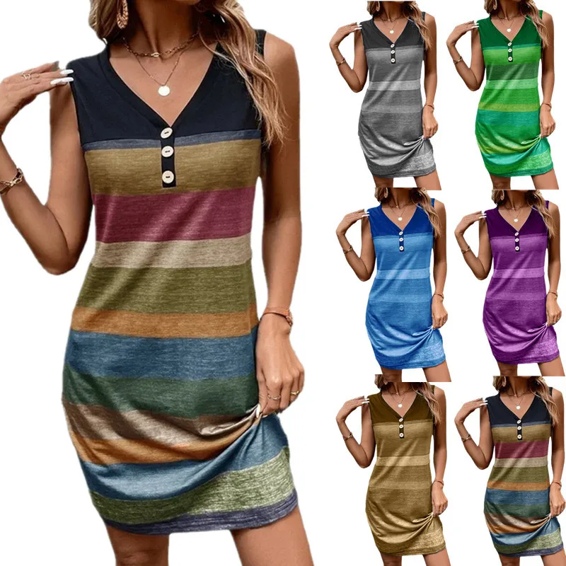 

New Summer Women's 2023 Fashion Stripe Print Button Loose Tank Top A-Line Dress Casual Plus Size Sexy V-Neck Sleeveless Dress
