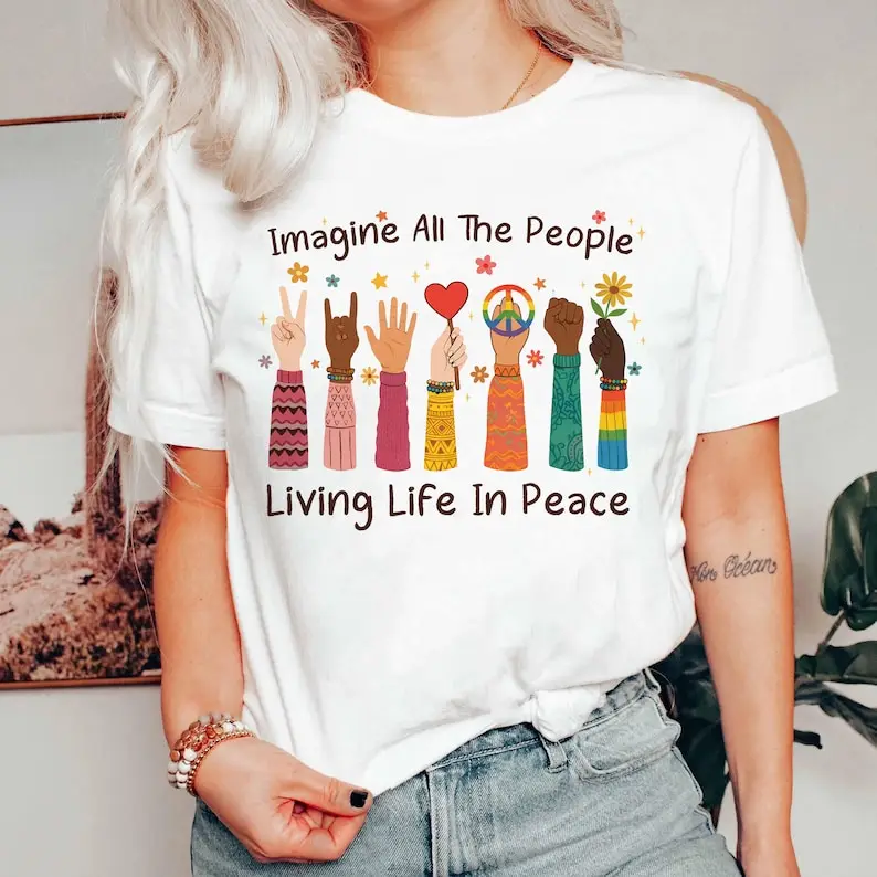 Футболка «Imagine All The People», футболка «Живи жизнью в мире», футболка с ретро-изображением знака мира, винтажный костюм активиста за равенство людей (art.: 3920dbf09bd8b) - 3920dbf09bd8b
