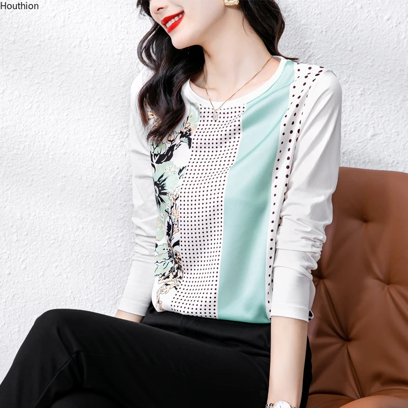 

Summer New Women's T-shirt O-Neck T Shirt Long Sleeve Top Printing Tees Satin Fashion Loose Female Clothes
