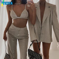 yiciya fashion party night club unique shining cool two piece pants set 2022 women sparkly blazer matching sets femme tracksuit