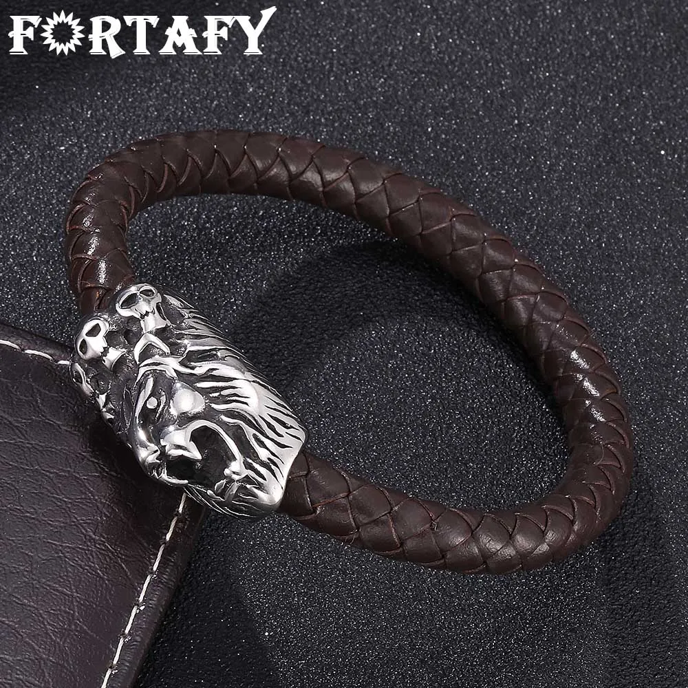 

FORTAFY Leather Domineering Lion Bracelet Men Jewelry Punk Stainless Steel Magnetic Clasp Wristband Trendy Bracelet FR0145
