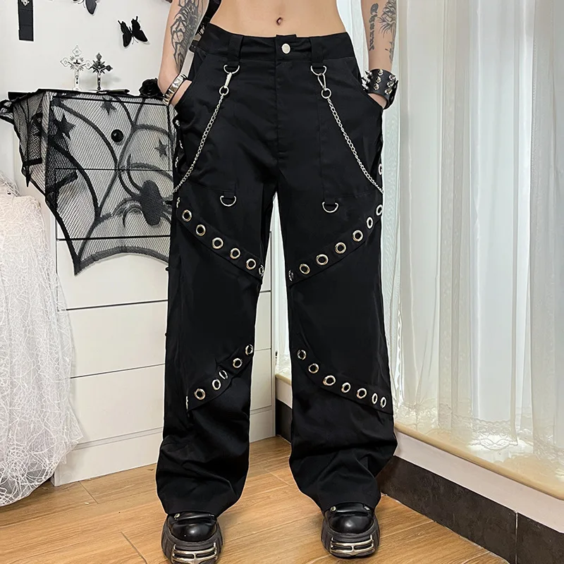 

Eyelet Cargo Pants Y2K High Street Waist Chain Kpop Hip Hop Loose Pants Dark Hippie Grudge Pantalon Mujer Elasticado