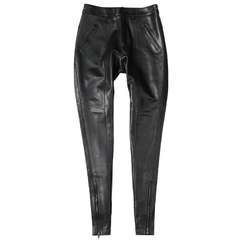 

2022 Spring New Style Women Casual Genuine Sheepskin Leather Cropped Trousers