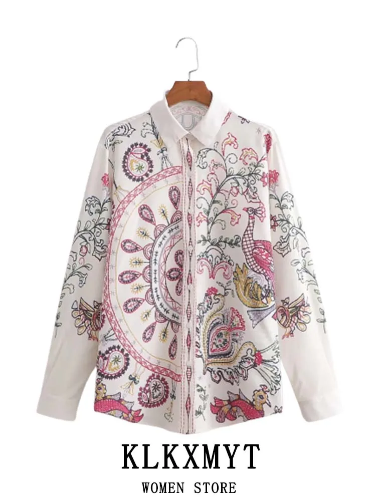 

KLKXMYT ZBZA Women Shirt Top 2022 Spring Autumn Fashion Print Casual Blouses Long Sleeve Button-up Vintage Shirts Woman Tops